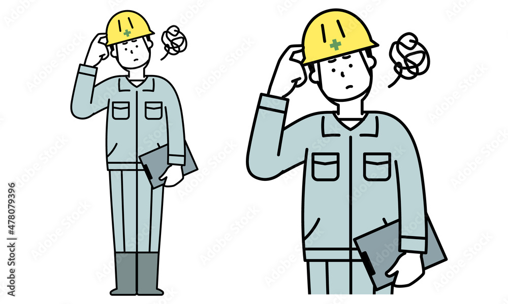 頭を指でかいて悩んでいる作業服を着た工事現場の男性の全身イラスト素材。
頭を指でかいて悩んでいる作業服を着た工事現場の男性の全身イラスト素材。