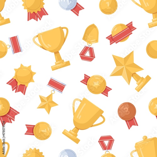 Gold winner cups and medals pattern. Seamless background with golden sports t...