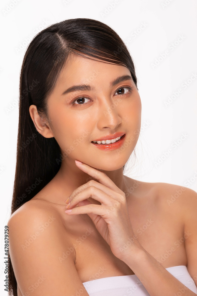 Beauty asian women touching soft chin portrait face with natural skin and skin care healthy hair and skin close up face beauty portrait.Beauty Concept on white background. Beauty asian women touching soft chin portrait face with natural skin and skin care healthy hair and skin close up face beauty portrait.Beauty Concept on white background.