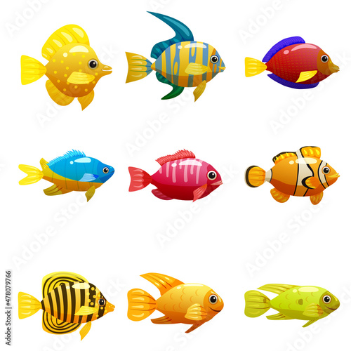 Set Tropical yellow fish, coral reef exotic pet animal. Collection Aquarium sea life, vector illustartion cartoon style