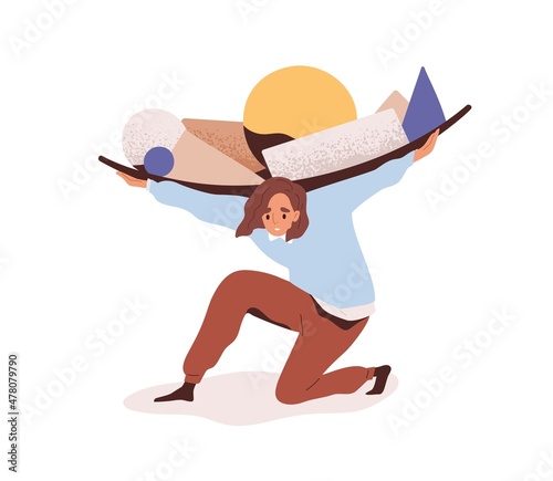 Person carry heavy burdens of life. Sad tired woman in stress, overloaded with problems. Pressure of difficulties and hardships concept. Flat graphic vector illustration isolated on white background