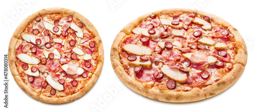 Delicious pizza with chicken fillet, bacon, ham sausages, mozzarella and tomato sauce, isolated on white background