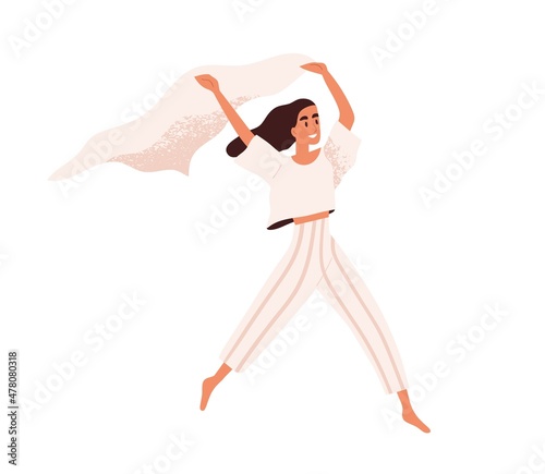 Happy free woman rejoicing. Excited person holding fluttering cloth in hands, playing with wind for fun and joy. Freedom and inspiration concept. Flat vector illustration isolated on white background