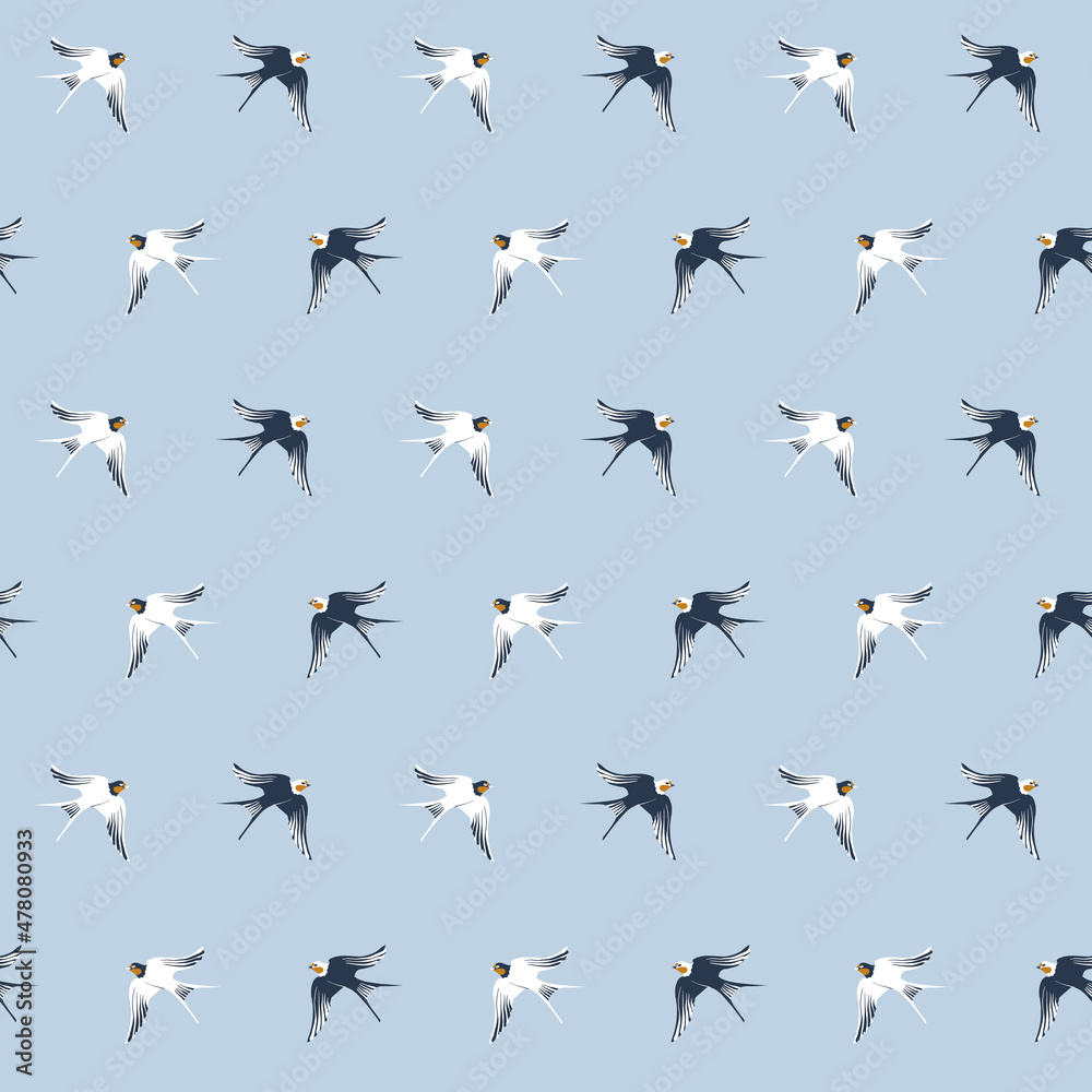 Fototapeta premium Vector seamless geometrical ditsy pattern with swallow birds. Simple and elegant pattern on heaven blue background.
