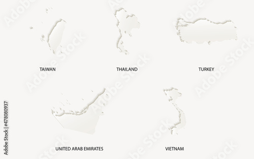 Editable Asia (Taiwan, Thailand, Turkey, United Arab Emirates, Vietnam) map vector in paper cut emboss effect.