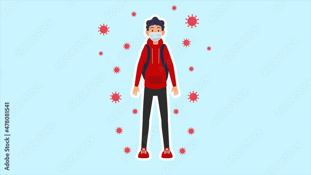 Viruses or bacteria surround a person who is wearing a mask; people are protected from viruses because of vaccines; Pandemic covid 19 that surrounds a person; animation about viruses or bacteria.