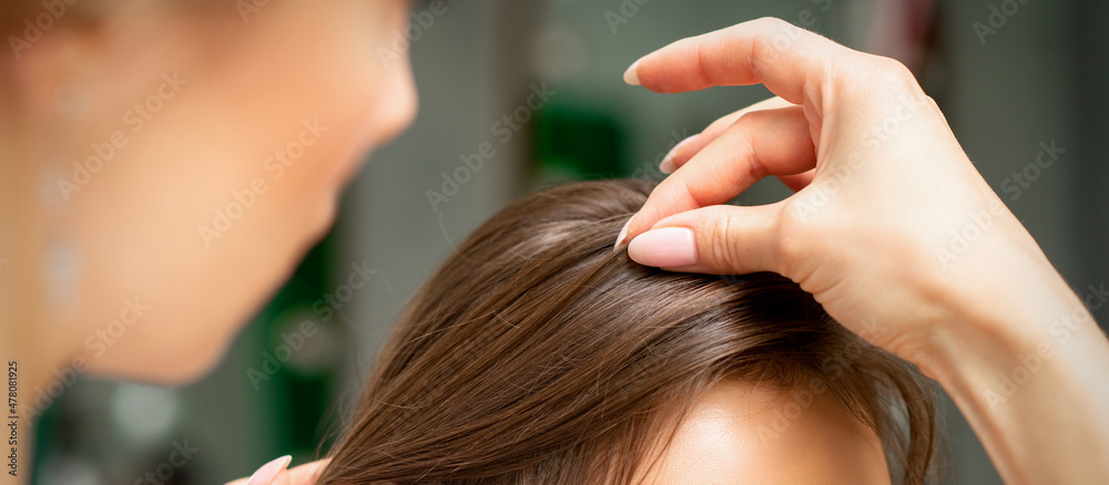 Fototapeta premium A hairdresser is making the hairstyle of a young brunette woman in a hair salon, close up
