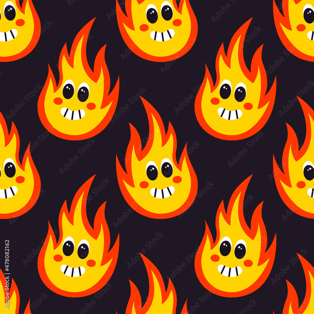 Vector seamless pattern with funny cartoon fire character. Psychedelic comic face with crazy smile. Colorful retro flame background for print, fabric, wrapping paper Vector seamless pattern with funny cartoon fire character. Psychedelic comic face with crazy smile. Colorful retro flame background for print, fabric, wrapping paper