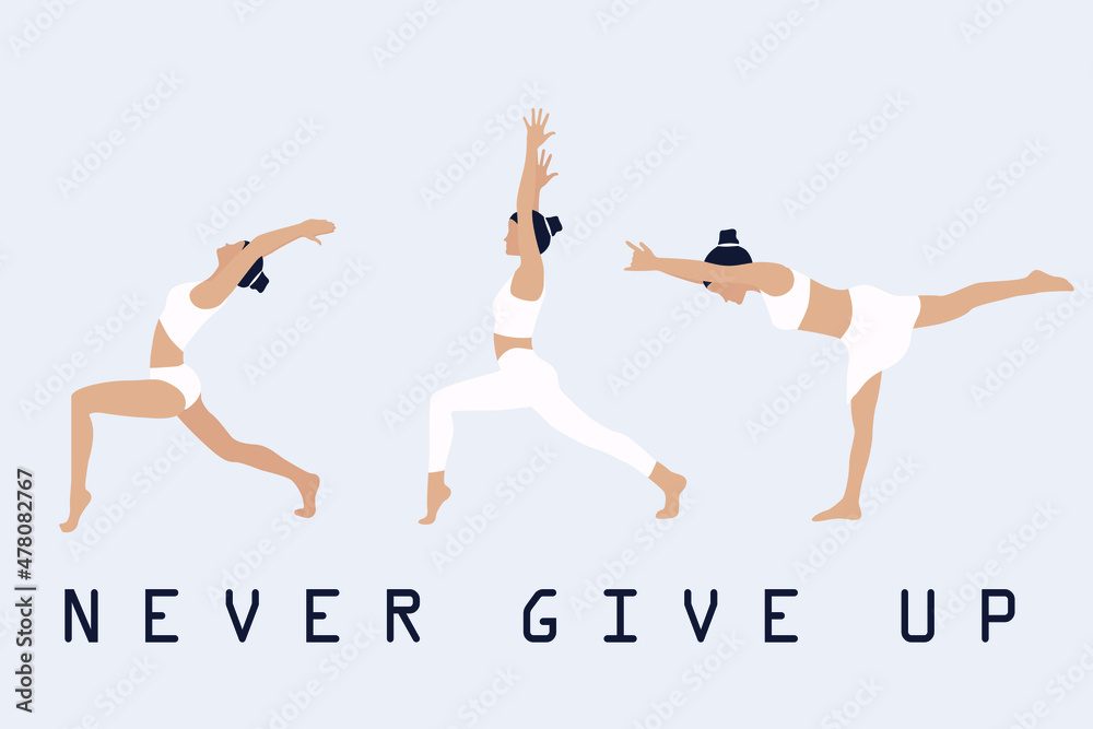 Fototapeta premium Three women demonstrate balance, breathing and stability. Yoga lovers. White is the main color. Vector illustration. Text.
