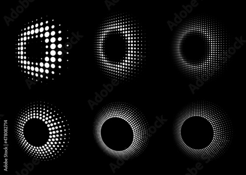 White halftone circular dotted frames set. Circle dots isolated on the white background. Logo design element for medical, treatment, cosmetic. Round border using halftone circle dots texture. Vector