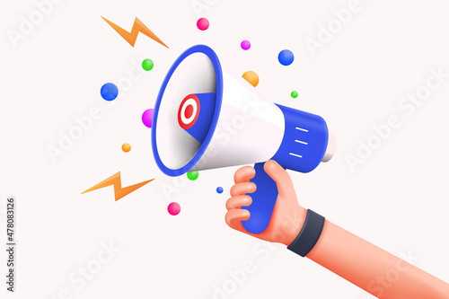 Cartoon hand holding megaphone 3d render on white background with copy space. Digital Marketing concept. 3d Vector illustration