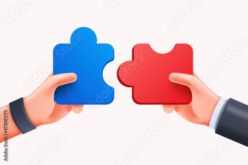 3d render of Business concept. Hand of people connecting jigsaw puzzle. Symbol of teamwork, cooperation, partnership and solution. 3d Vector illustration