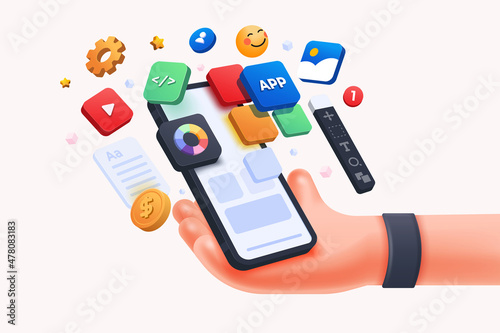 3D Handhold phone mobile app development, application building, app testing, UI-UX and web design. Abstract 3d object background. 3d Vector illustration photo