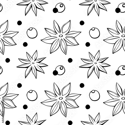 Vector seamless pattern of star anise, pepper in doodle style. Background or texture of seasonings, food additive, spice