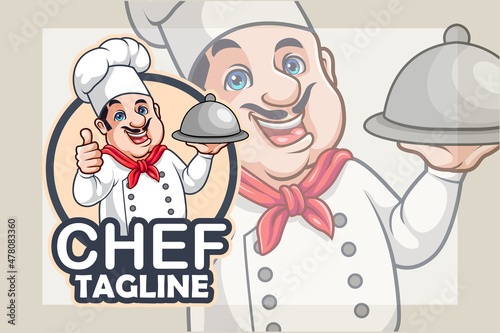 Cartoon chef holding a silver tray giving thumb up