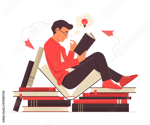 Man Reading a Book and Thinking Good Idea.