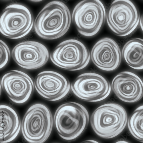 Large squiggly wiggly swirly whirly spiral circles that look hand drawn in a grey seamless tile.
