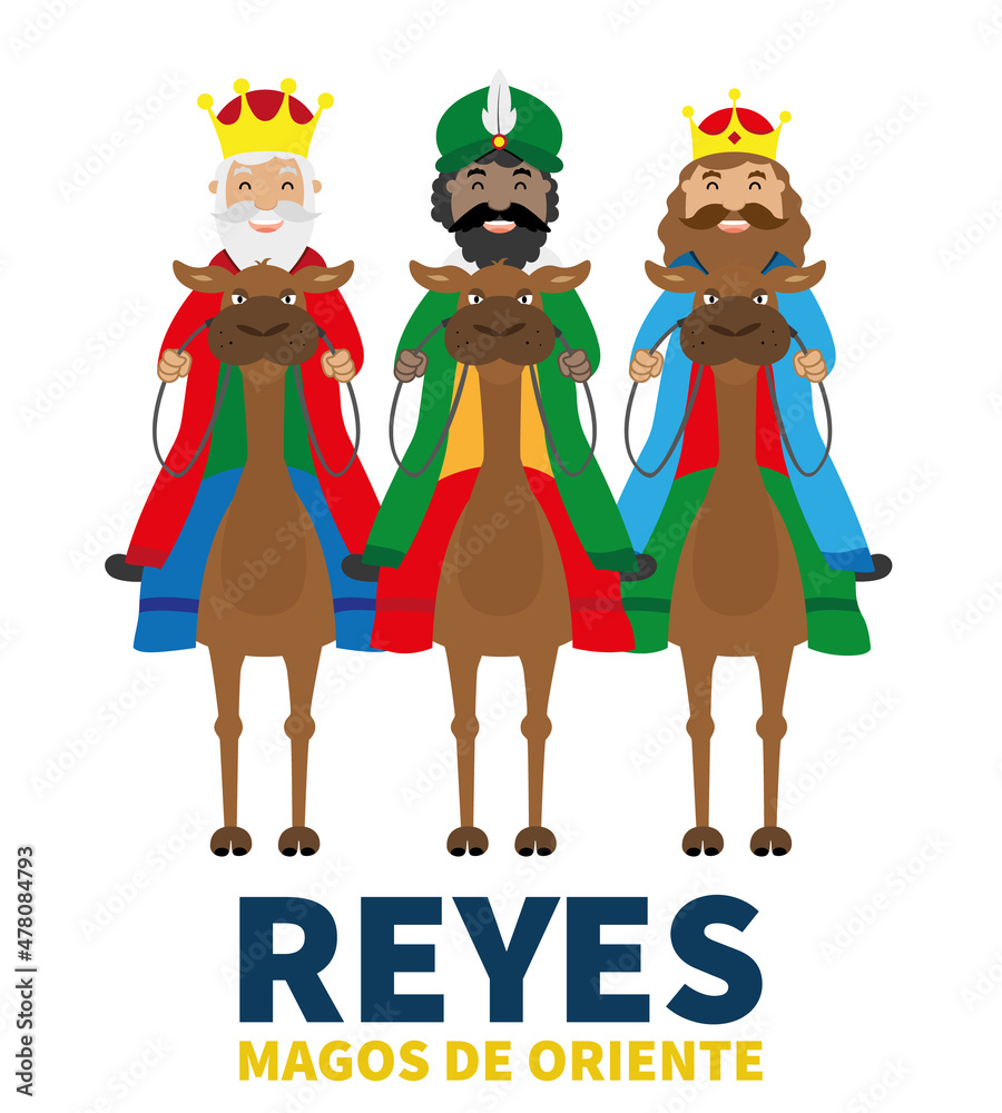 Three Wise Men from the East with Camels. Text in Spanish dear Three Wise Men