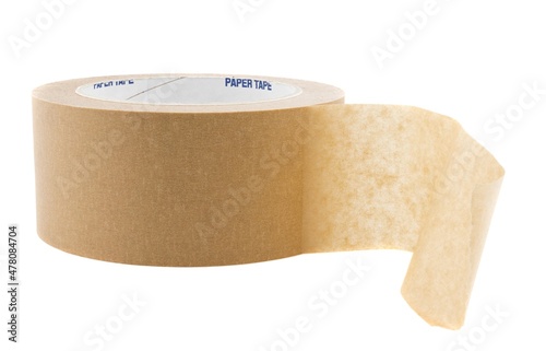 A roll of brown paper packaging sticky tape on a white background
