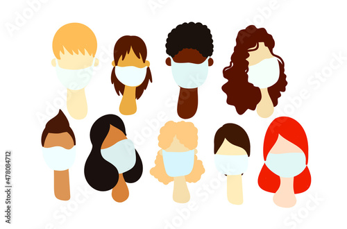 Set of people wearing masks. Protect yourself from the coronavirus. People of different nationalities in masks
