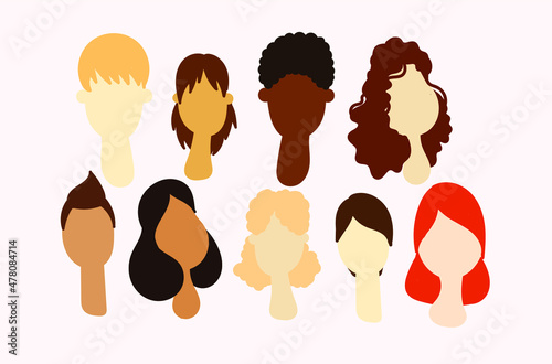 A set of people of different nationalities. International illustration. Set of faces with different hairstyles
