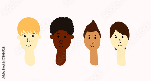 International people. Illustrations of men with different skin color and hair