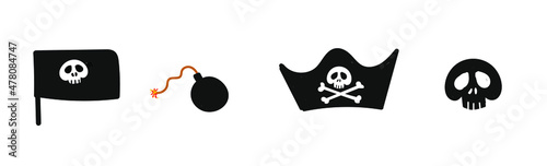
Pirate accessories set: cocked hat, skull, flag, bomb, jolly roger