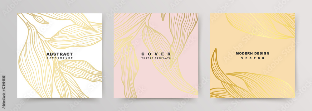 Social media post templates. Luxury covers with gold plants on a pink and white background. Vector illustration for cards,
invitations, сontent creators of beauty,
fashion, cosmetics, jewelry,
makeup