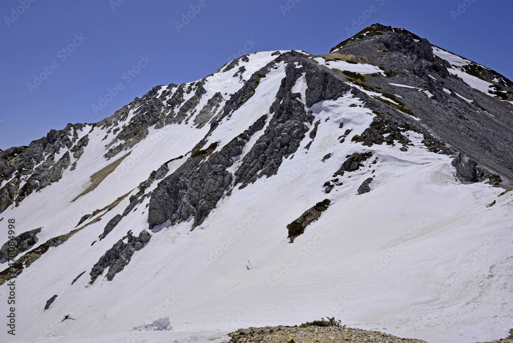 積雪期の白馬三山登山「杓子岳山頂から望む鑓ヶ岳」