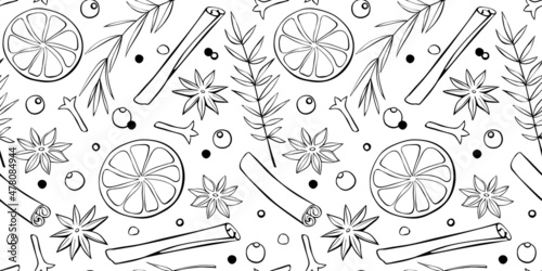 Vector seamless pattern of Christmas winter outline spices in doodle style. Xmas background or texture with seasonings. For desserts, hot mulled wine, homemade cookies, template of menu, recipes