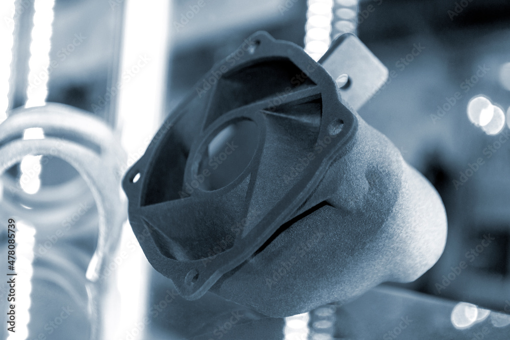 Black abstract model object printed on 3d printer from powder close-up ...