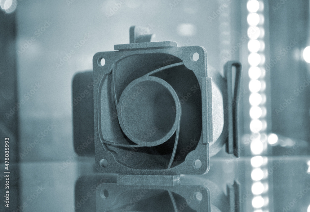 Black abstract model object printed on 3d printer from powder close-up ...