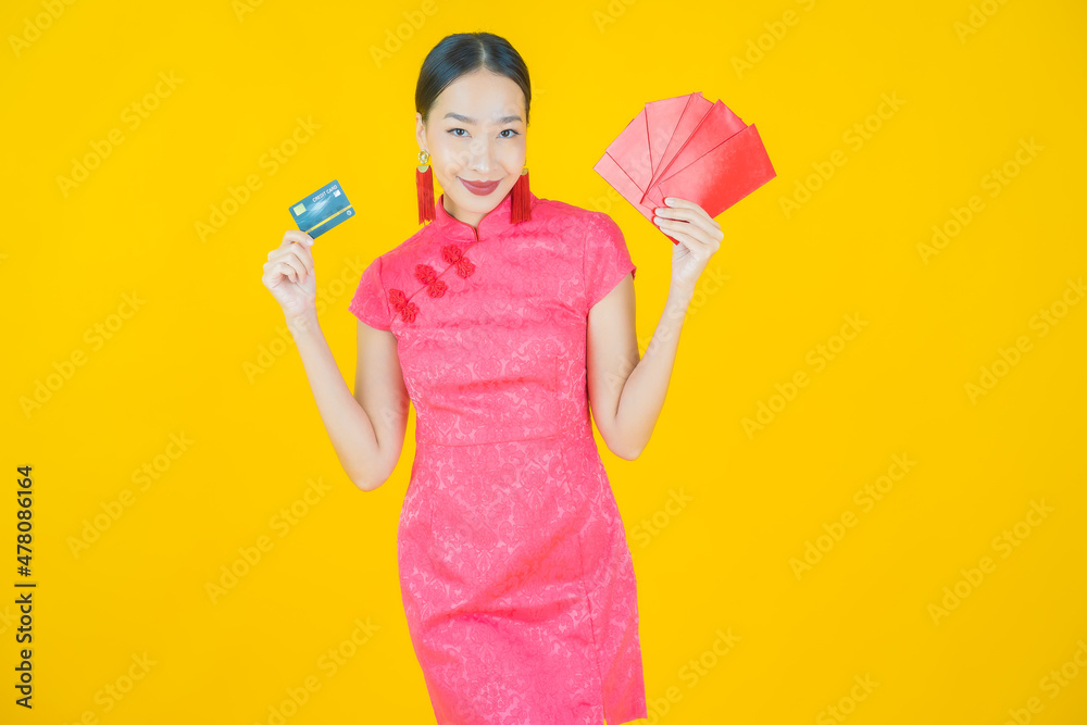 Portrait beautiful young asian woman with red envelope Portrait beautiful young asian woman with red envelope