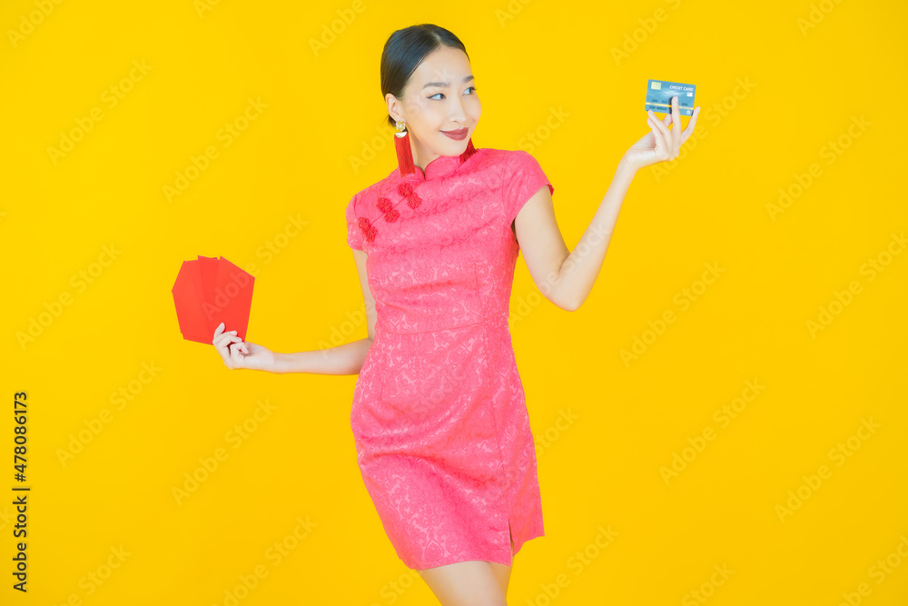 Portrait beautiful young asian woman with red envelope Portrait beautiful young asian woman with red envelope