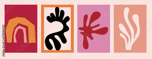 Matisse abstract shape cover print set. Cutout shape of algae and botanical leaves, rainbow, abstarct form. Organic form in flat style. Henri Matisse style.