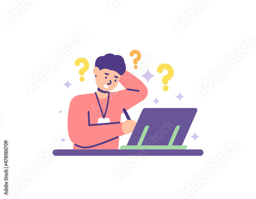 graphic designer, freelancer, creative worker, content creator. illustration of a staff member who is confused by a client's request to draw on a drawing tablet. work and profession. flat cartoon