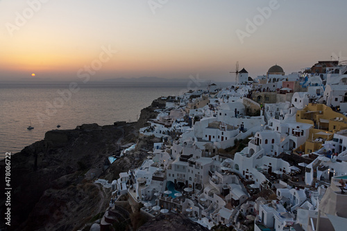 The windmills of Oia, Santorini, Greece, just after sunset