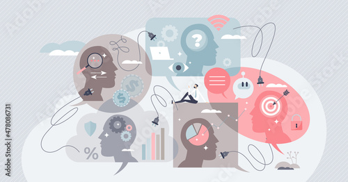 Diversity in tech as technology variety for data analysis tiny person concept. Social research and communication using artificial intelligence for information and data monitoring vector illustration.