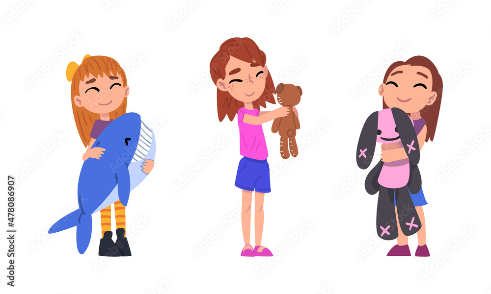 Little Girl Holding Favorite Toy Whale and Teddy Bear Vector Set Little Girl Holding Favorite Toy Whale and Teddy Bear Vector Set