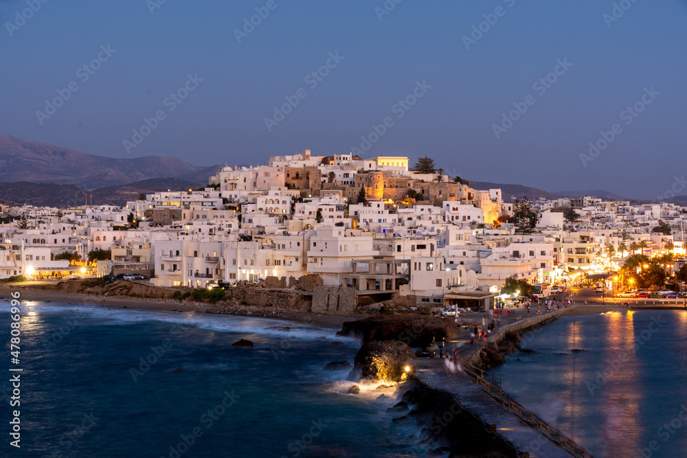 View of Naxos City during dusk, Naxos, Greece