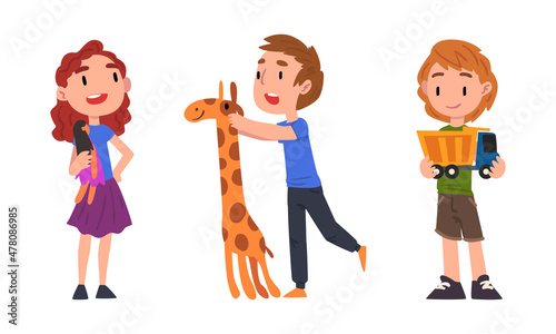 Little Boy and Girl Holding Favorite Toy Car and Giraffe Vector Set