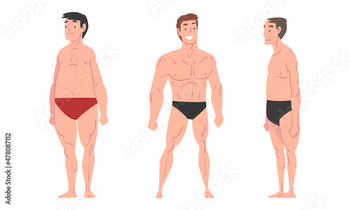 Man Character in Trunks Standing and Sunbathing at Sun Vector Set