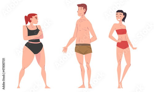 People Character in Swimsuit and Trunks Standing and Sunbathing at Sun Vector Set
