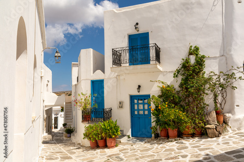 White houses with blue shutters in Lefkes, Paros, Greece