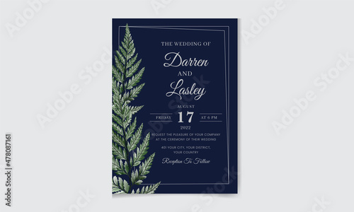 Elegant watercolor wedding invitation card with greenery leaves. Editable premium vector template.