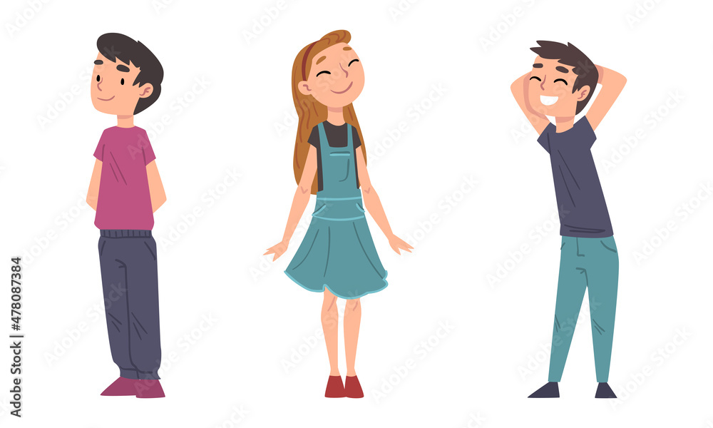 Happy Smiling Boy and Girl Character Standing with Hands Behind Vector Set Happy Smiling Boy and Girl Character Standing with Hands Behind Vector Set