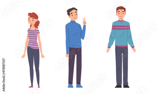Happy Smiling Man and Woman Character Standing Vector Set.