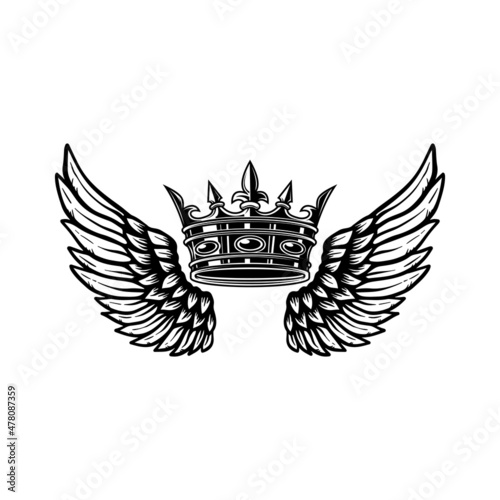 Illustration of king crown and wings in monochrome style. Design element for logo, emblem, sign, poster, t shirt. Vector illustration