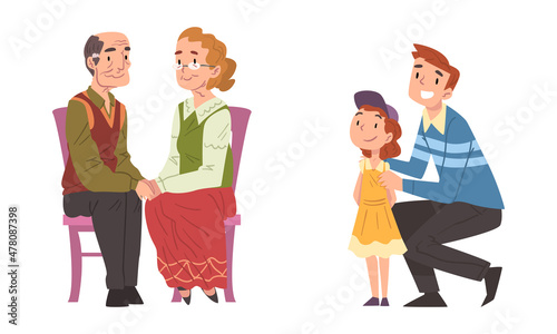 Happy Smiling Senior Man and Woman Sitting Together and Dad with Daughter Vector Set