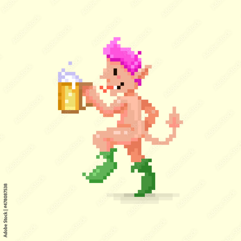 colorful simple flat pixel art illustration of cartoon fantasy naked dancing devil, elf, gremlin, troll, satyr, faun, pan or goblin with a glass of beer